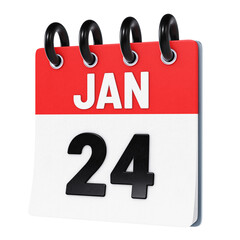 January 24 date displayed on stylized three-dimensional flip calendar icon isolated on transparent background. 3D rendering
