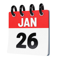 January 26 date displayed on stylized three-dimensional flip calendar icon isolated on transparent background. 3D rendering