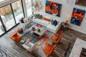 A spacious living room filled with various furniture pieces centered around a cozy fireplace