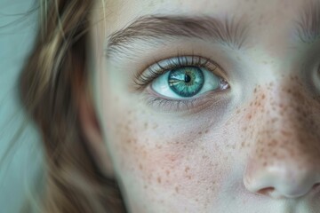 A close-up view of a young girl with freckles on her face, focusing on one eye that is highlighted in the image