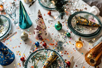 A table adorned with plates and Christmas decorations, ready for a holiday celebration