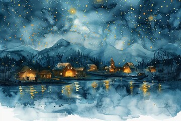 This lovely watercolor painting captures a night sky filled with twinkling stars over a quiet village, Clipart minimal watercolor isolated on white background