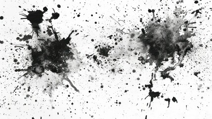 Abstract black ink splatter on white background, artistic grunge texture.