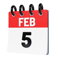 February 5 date displayed on stylized three-dimensional flip calendar icon isolated on transparent background. 3D rendering