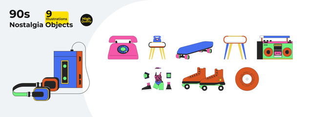 Nostalgia retro revival 2D linear cartoon objects bundle. Boombox, cassette headphones, vinyl record, old telephone isolated vector items. Sport equipment color flat spot illustration collection