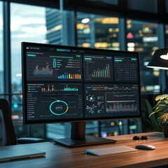 Fototapeta premium A digital workspace with a monitor displaying diverse analytics dashboards. Visualizations include bar graphs pie charts