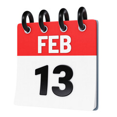 February 13 date displayed on stylized three-dimensional flip calendar icon isolated on transparent background. 3D rendering