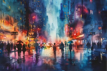 This lovely watercolor painting captures the vibrant colors of a bustling city street scene at night, Clipart minimal watercolor isolated on white background