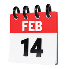 February 14 date displayed on stylized three-dimensional flip calendar icon isolated on transparent background. 3D rendering