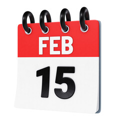 February 15 date displayed on stylized three-dimensional flip calendar icon isolated on transparent background. 3D rendering