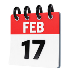 February 17 date displayed on stylized three-dimensional flip calendar icon isolated on transparent background. 3D rendering