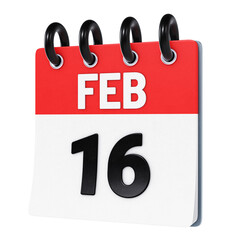 February 16 date displayed on stylized three-dimensional flip calendar icon isolated on transparent background. 3D rendering