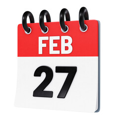 February 27 date displayed on stylized three-dimensional flip calendar icon isolated on transparent background. 3D rendering