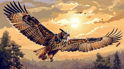 A majestic eagle soaring through a golden sunset sky above a forested landscape, wings fully spread.