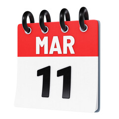 March 11 date displayed on stylized three-dimensional flip calendar icon isolated on transparent background. 3D rendering
