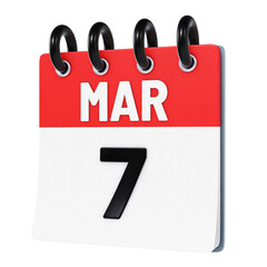 March 7 date displayed on stylized three-dimensional flip calendar icon isolated on transparent background. 3D rendering