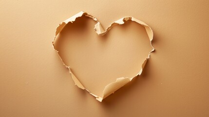 Beige paper heart. Torn hole in paper in the shape of a heart.
