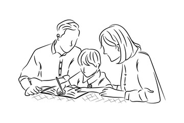 Parent helping son studying homework, happy family hand drawn line art vector illustration