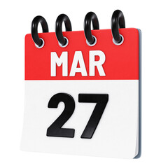 March 27 date displayed on stylized three-dimensional flip calendar icon isolated on transparent background. 3D rendering