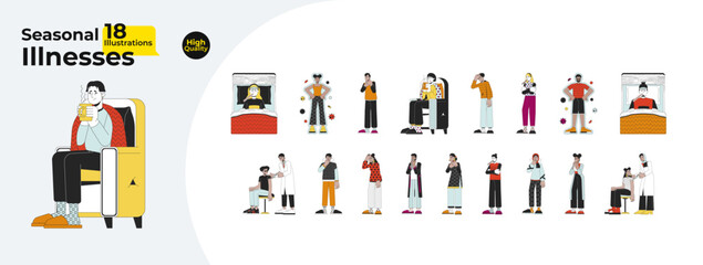 Seasonal illnesses line cartoon flat illustration bundle. Diverse people sick cold 2D lineart characters isolated on white background. Winter sickness symptoms vector color image collection