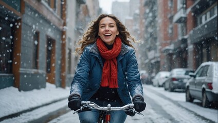 Joyful woman riding her bicycle through a winter urban cityscape, Snowflakes are falling around her, creating frosty scene, Happiness, confidence and careless freedom feeling in beautiful day 