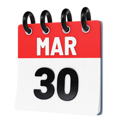 March 30 date displayed on stylized three-dimensional flip calendar icon isolated on transparent background. 3D rendering