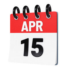 April 15 date displayed on stylized three-dimensional flip calendar icon isolated on transparent background. 3D rendering