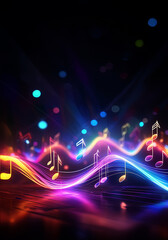 colorful music notes in neon light style with dark background