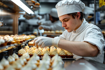 A pastry chef preparing delicious desserts in the kitchen