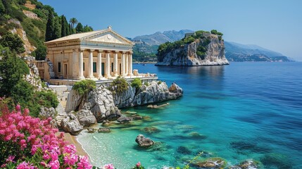 Stunning View of Hellenic Temple and Serene Coastline on Corfu Island, Greece