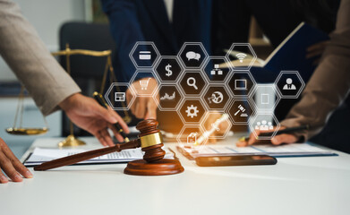 Business people and lawyers discussing contract papers sitting in the table at office in the morning. concepts of law, advice, legal services.