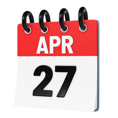 April 27 date displayed on stylized three-dimensional flip calendar icon isolated on transparent background. 3D rendering