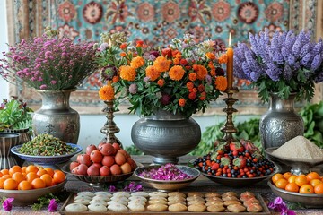 Fototapeta premium Colorful Nowruz Haft Sin Table Set Against Traditional Persian Rug
