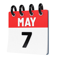 May 7 date displayed on stylized three-dimensional flip calendar icon isolated on transparent background. 3D rendering