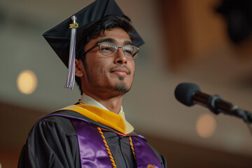 A male Indian valedictorian wearing the traditional cap and gown, and giving a speech at the college graduation ceremony