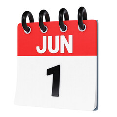 June 1 date displayed on stylized three-dimensional flip calendar icon isolated on transparent background. 3D rendering