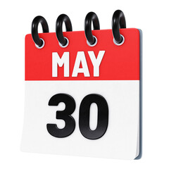 May 30 date displayed on stylized three-dimensional flip calendar icon isolated on transparent background. 3D rendering