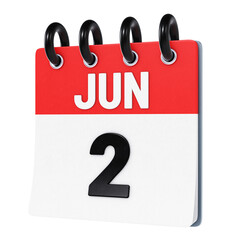 June 2 date displayed on stylized three-dimensional flip calendar icon isolated on transparent background. 3D rendering