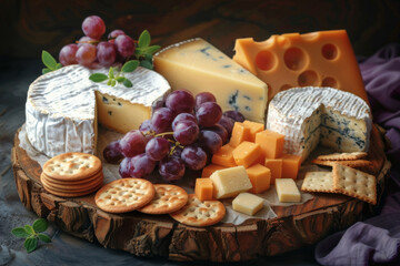 Cheese board for Jewish holiday Shavuot, for Harvest.  Variety of cheeses, grapes, biscuits on wooden background.