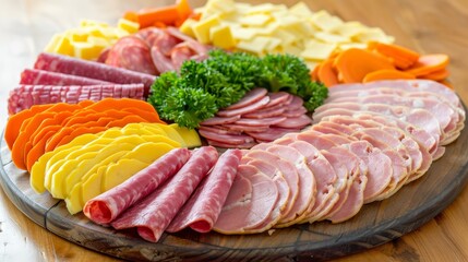 Artfully arranged cured ham, fresh carrot juice, and homemade mustard sauce on wooden table