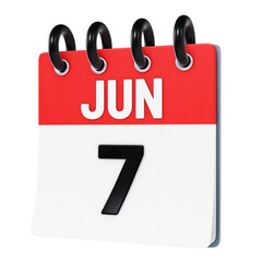 June 7 date displayed on stylized three-dimensional flip calendar icon isolated on transparent background. 3D rendering