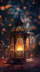 A captivating lantern stands aglow, its patterns etched in light against a festive, orange bokeh-lit scene.