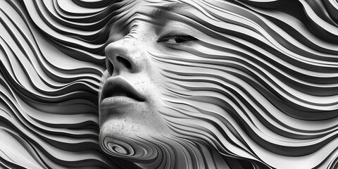 Surreal human face merged with flowing wavy patterns.