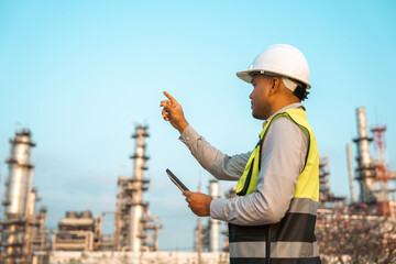 Asian engineer man with safety helmet standing front of oil refinery. Industry zone gas...
