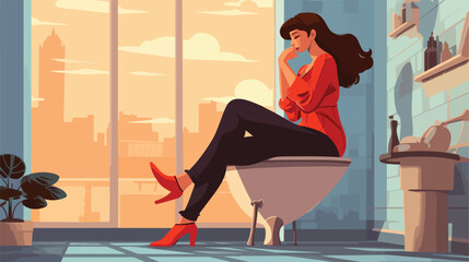 Beautiful young woman epilating legs in bathroom 2d