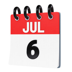 July 6 date displayed on stylized three-dimensional flip calendar icon isolated on transparent background. 3D rendering