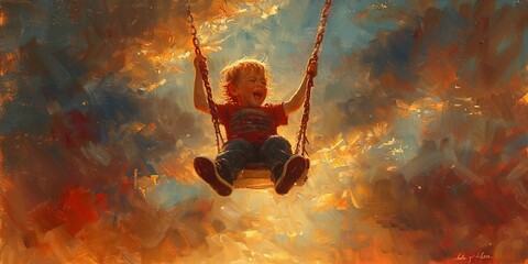 The joyous laughter of a toddler fills the air as he enjoys a swing ride, his feet playfully reaching out to someone just out of view - Powered by Adobe