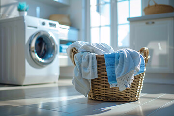 A full laundry basket standing in front of a washing machine in a modern home, laundry day concept