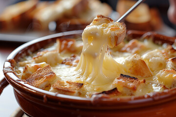 A bubbling pot of cheese fondue with bread cubes.