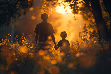 Silhouette of a father and a son holding hands and walking through nature during sunset